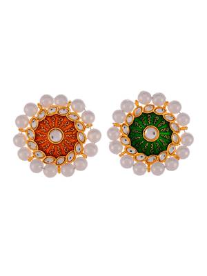 Set of 2 gold plated green & orange meenakari pearl beaded finger ring 3