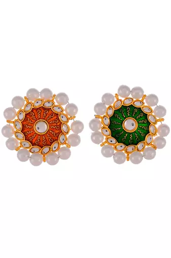 Set of 2 gold plated green & orange meenakari pearl beaded finger ring