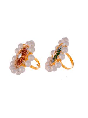 Set of 2 gold plated green & orange meenakari pearl beaded finger ring 4