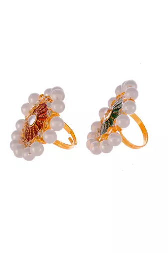 Set of 2 gold plated green & orange meenakari pearl beaded finger ring