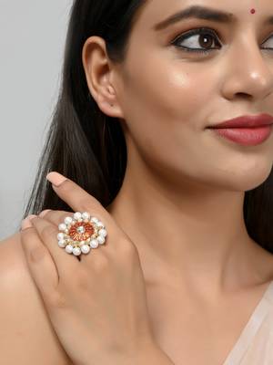 Set of 2 gold plated pink & red meenakari pearl beaded finger ring 1