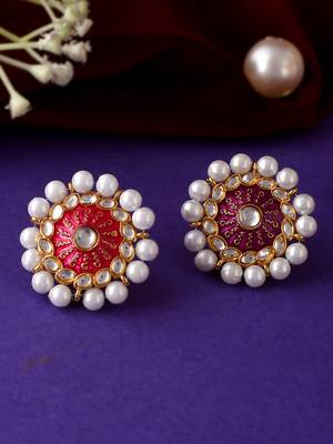 Set of 2 gold plated pink & red meenakari pearl beaded finger ring 2