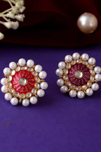 Set of 2 gold plated pink & red meenakari pearl beaded finger ring