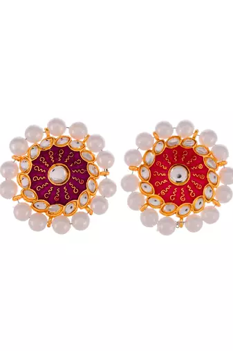 Set of 2 gold plated pink & red meenakari pearl beaded finger ring