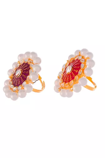 Set of 2 gold plated pink & red meenakari pearl beaded finger ring