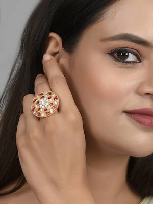 Set of 2 gold toned meenakari adjustable engagement finger ring for women 1