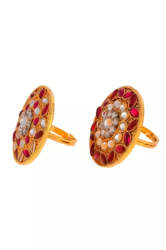 Set of 2 gold toned meenakari adjustable engagement finger ring for women