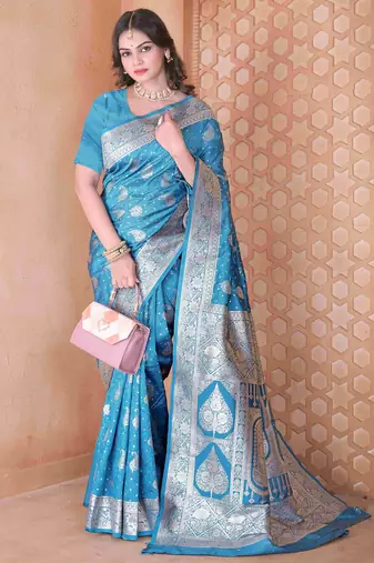  sky blue traditional prints art silk woven saree comes with matching blouse