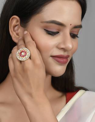 Set of 2 gold plated kundan handcrafted meenakari adjustable engagement finger ring 1