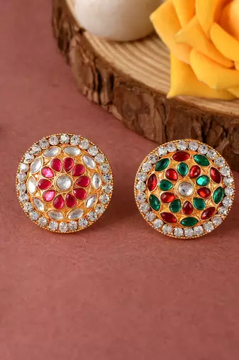 Set of 2 gold plated kundan handcrafted meenakari adjustable engagement finger ring
