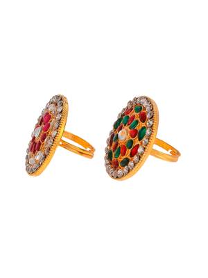 Set of 2 gold plated kundan handcrafted meenakari adjustable engagement finger ring 3