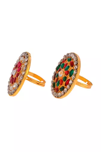 Set of 2 gold plated kundan handcrafted meenakari adjustable engagement finger ring
