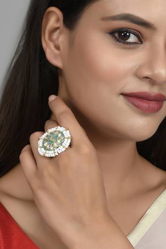 Set of 2 gold plated meenakari handpainted kundan adjustable finger ring for women