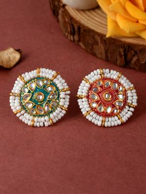 Set of 2 gold plated meenakari handpainted kundan adjustable finger ring for women 2