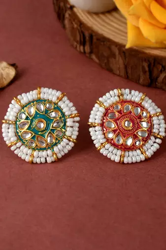 Set of 2 gold plated meenakari handpainted kundan adjustable finger ring for women