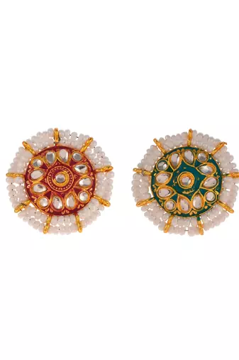 Set of 2 gold plated meenakari handpainted kundan adjustable finger ring for women