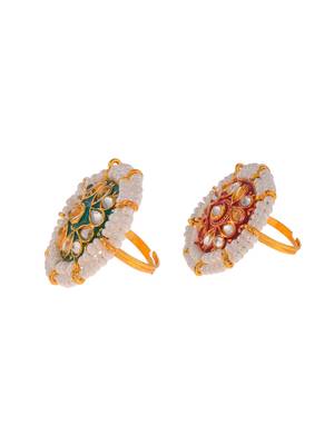 Set of 2 gold plated meenakari handpainted kundan adjustable finger ring for women 4