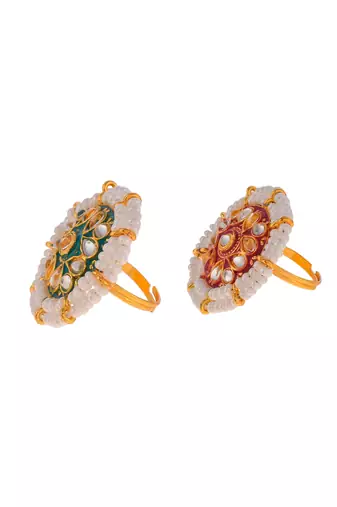 Set of 2 gold plated meenakari handpainted kundan adjustable finger ring for women