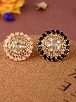 Set of 2 gold plated kundan adjustable floral ethnic finger ring 2