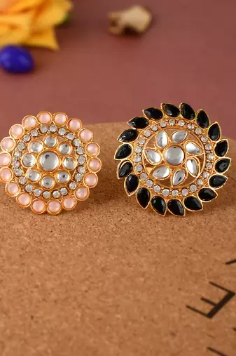 Set of 2 gold plated kundan adjustable floral ethnic finger ring