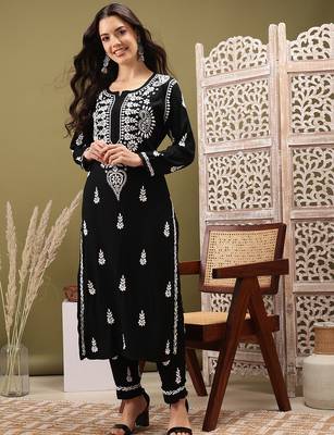 Hand embroidered black rayon lucknowi chikankari co-ord set 1