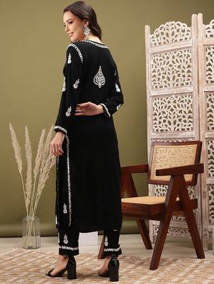 Hand embroidered black rayon lucknowi chikankari co-ord set 2
