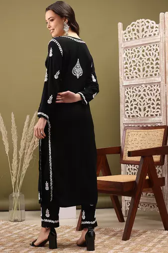 Hand embroidered black rayon lucknowi chikankari co-ord set