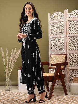 Hand embroidered black rayon lucknowi chikankari co-ord set 3