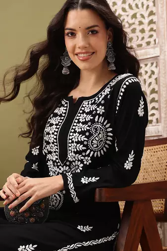 Hand embroidered black rayon lucknowi chikankari co-ord set
