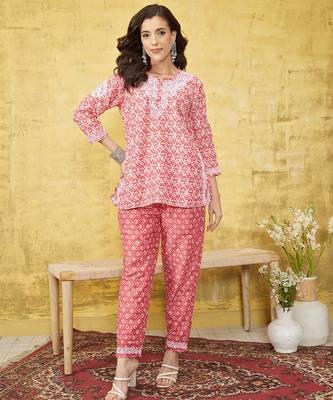Hand embroidered red muslin lucknowi chikankari co-ord set 1
