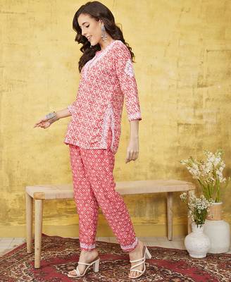 Hand embroidered red muslin lucknowi chikankari co-ord set 3