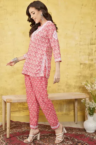 Hand embroidered red muslin lucknowi chikankari co-ord set