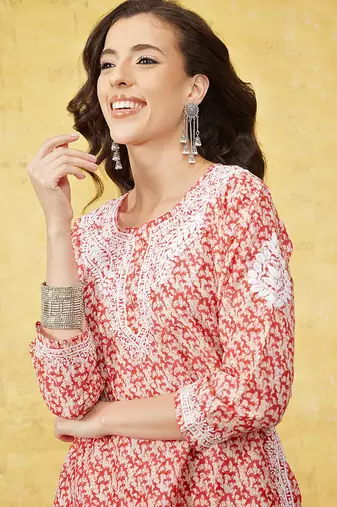 Hand embroidered red muslin lucknowi chikankari co-ord set