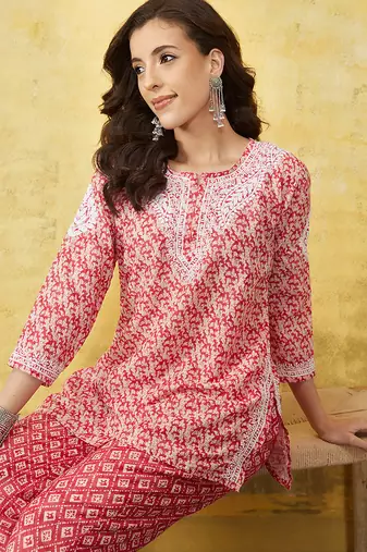 Hand embroidered red muslin lucknowi chikankari co-ord set