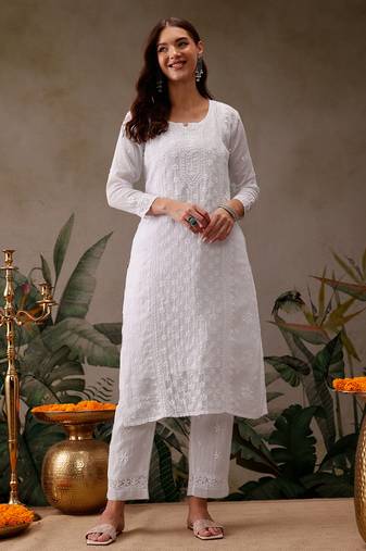 Hand embroidered white kota lucknowi chikankari kurta set with slip