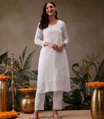 Hand embroidered white kota lucknowi chikankari kurta set with slip