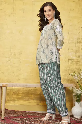 Hand embroidered fawn muslin lucknowi chikankari co-ord set