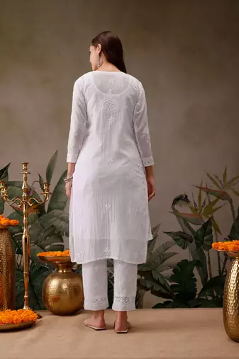 Hand embroidered white kota lucknowi chikankari kurta set with slip