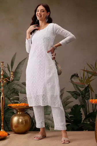 Hand embroidered white kota lucknowi chikankari kurta set with slip