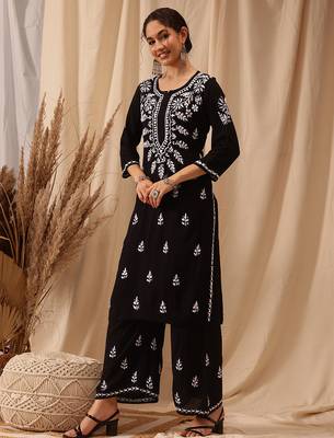 Hand embroidered black modal lucknowi chikankari co-ord set 1