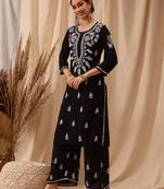 Hand embroidered black modal lucknowi chikankari co-ord set