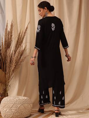 Hand embroidered black modal lucknowi chikankari co-ord set 2