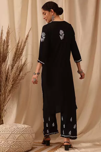 Hand embroidered black modal lucknowi chikankari co-ord set