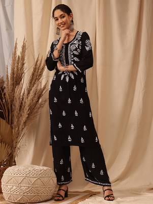 Hand embroidered black modal lucknowi chikankari co-ord set 3