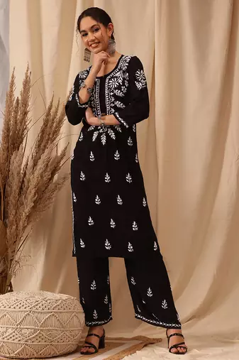 Hand embroidered black modal lucknowi chikankari co-ord set