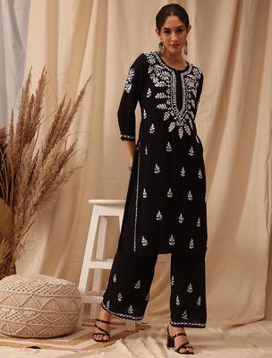 Hand embroidered black modal lucknowi chikankari co-ord set 4