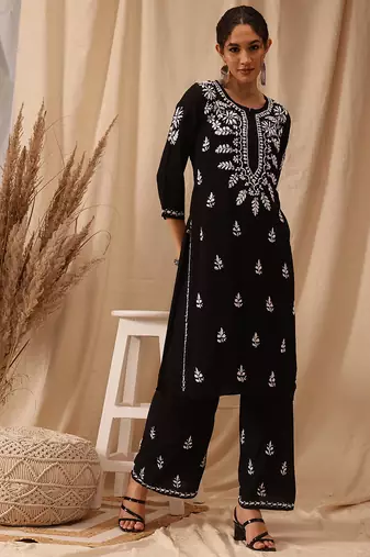 Hand embroidered black modal lucknowi chikankari co-ord set