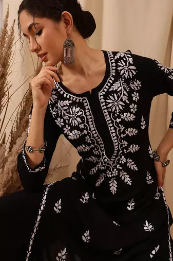 Hand embroidered black modal lucknowi chikankari co-ord set
