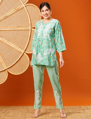 Hand embroidered sea green chanderi lucknowi chikankari co-ord set 1