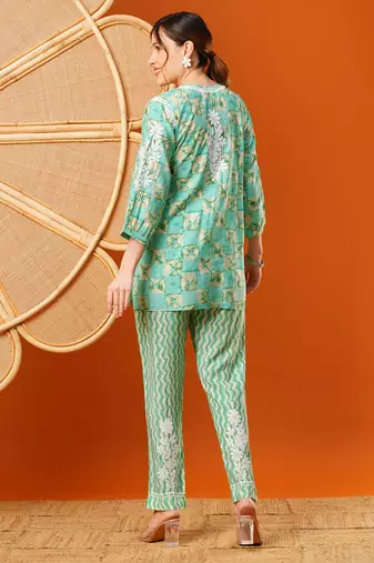 Hand embroidered sea green chanderi lucknowi chikankari co-ord set